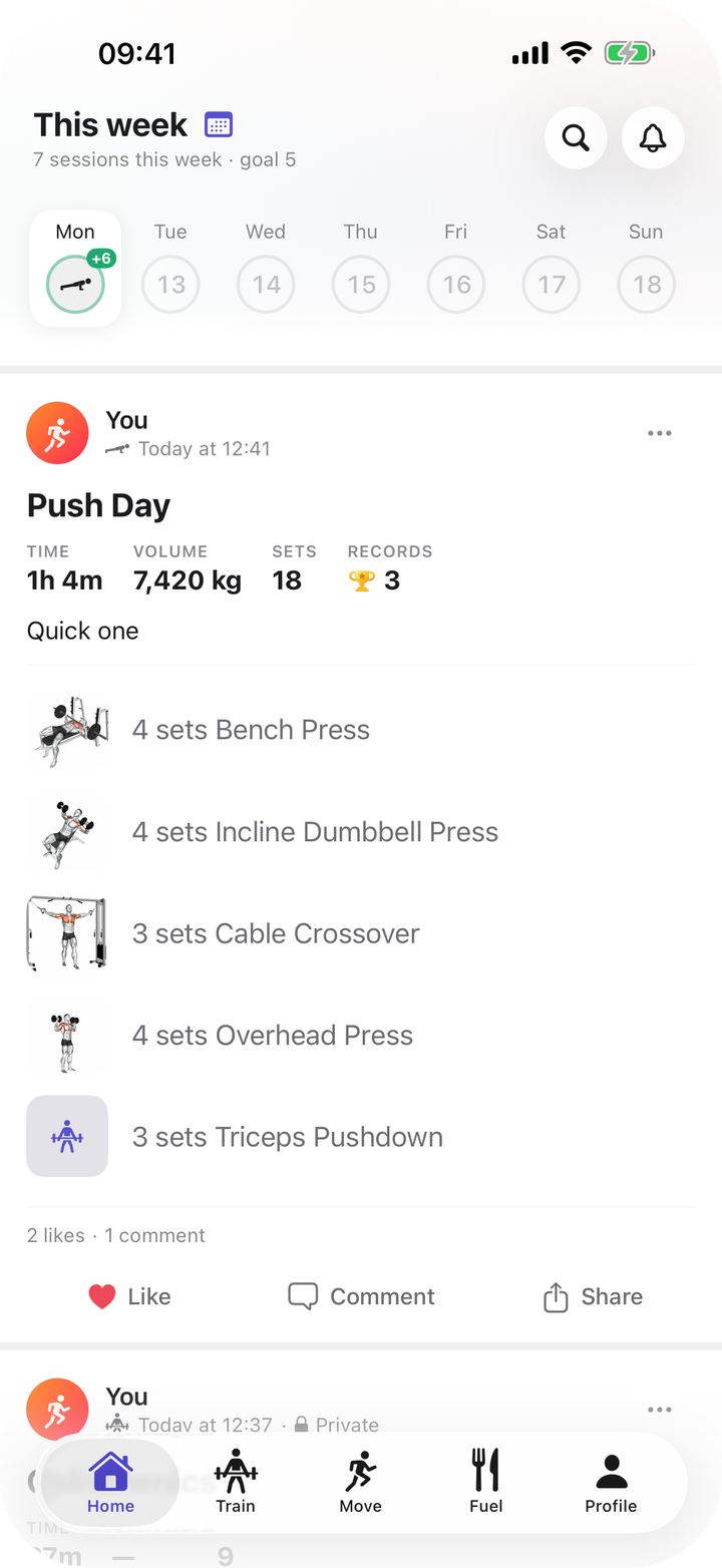 A workout post on Bayda's Home tab: the exercises, with likes and a comment below.